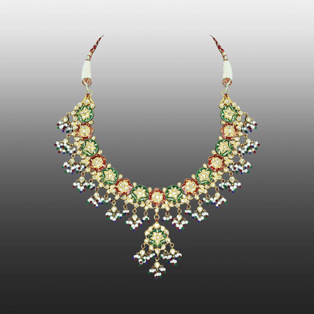 Floral Necklace with Polki, Red-Green Enamel, Pearls, and Beads
